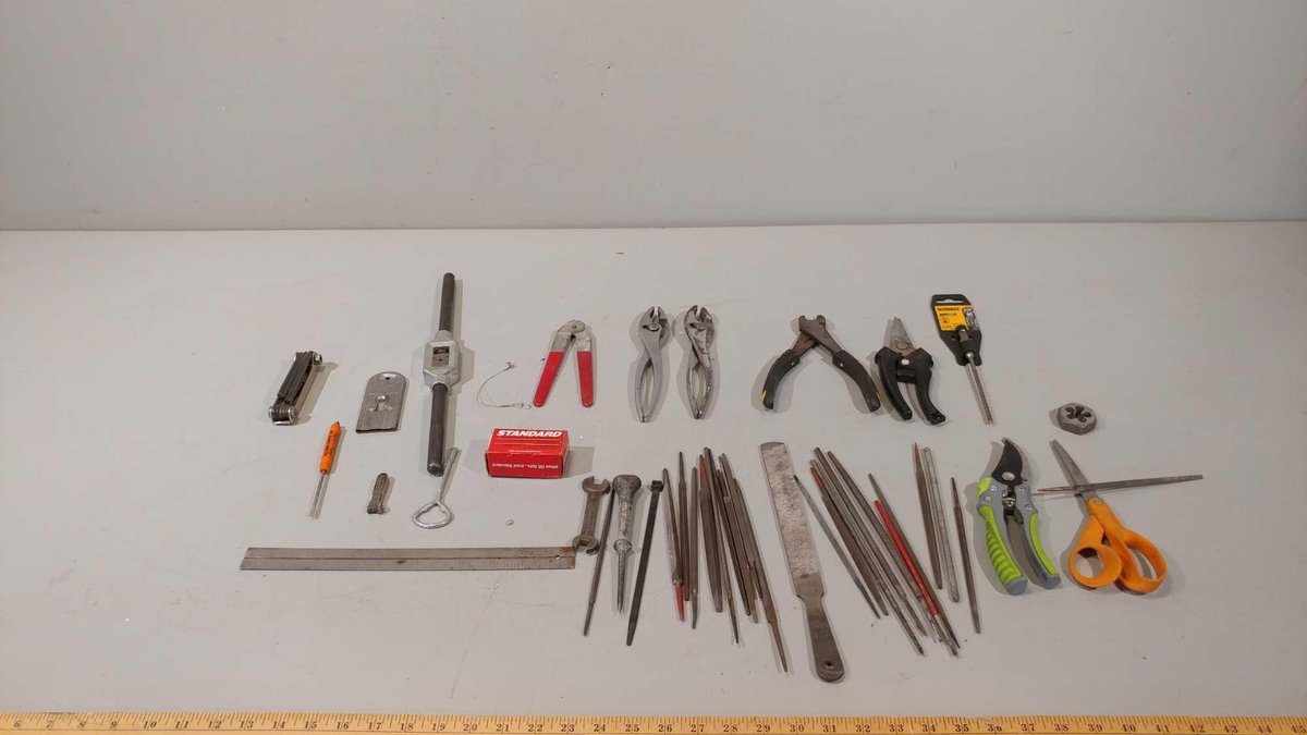 ASSORTMENT OF FILES, PLIERS, HEX WRENCH SET, AND OTHER MISC ITEMS