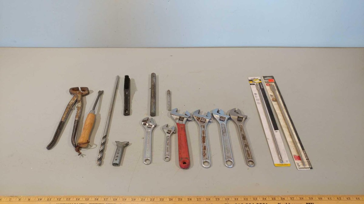 ASSORTMENT CRESCENT WRENCHES, PLIERS, SPADE BITS, AND OTHER MISC ITEMS