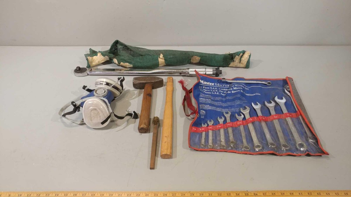 LARGE 1/2" DRIVE SOCKET WRENCH, WRENCH ROLL, AIR RESPIRATOR, AND ASSORTMENT OF OTHER MISC ITEMS