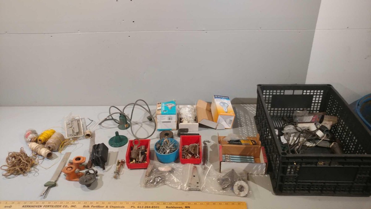 ASSORTMENT OF ELECTRICAL SUPPLIES, CHALK LINES, NAILS, AND OTHER MISC ITEMS