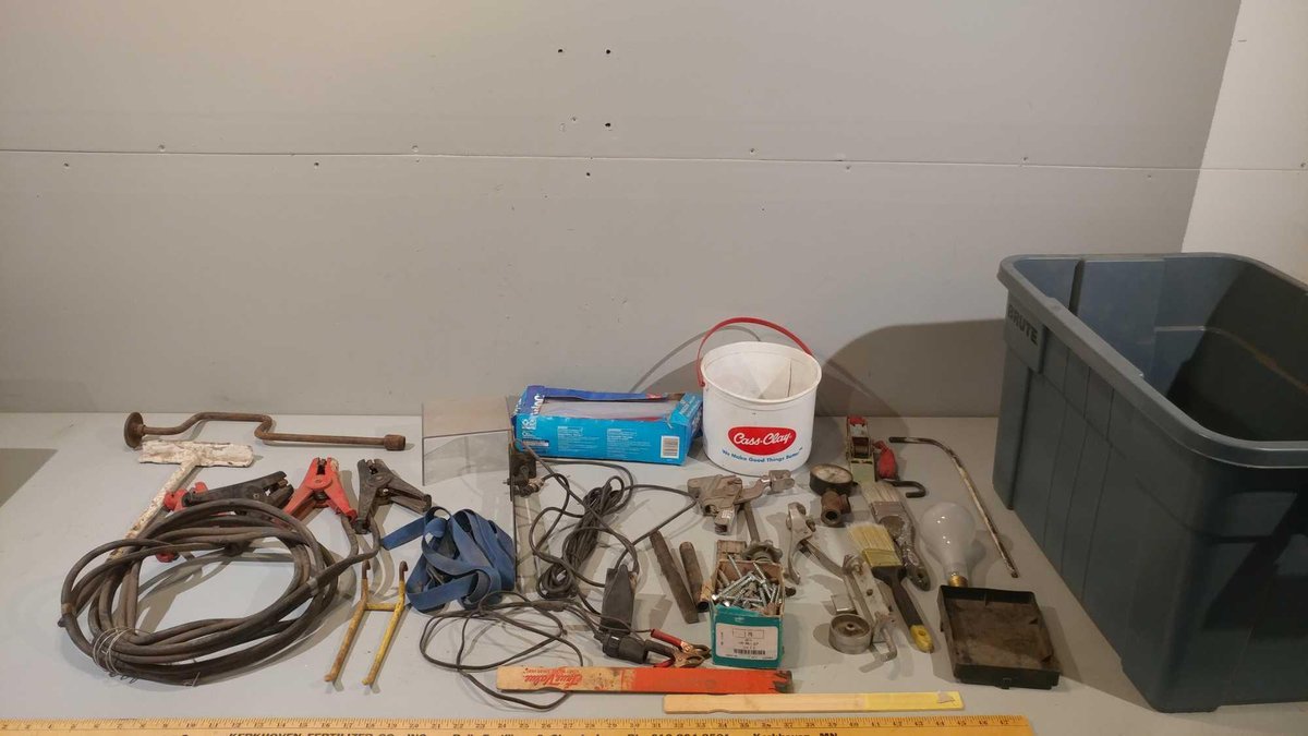 ASSORTMENT OF PAINT BRUSHES, JUMPER CABLES, AND OTHER MISC ITEMS