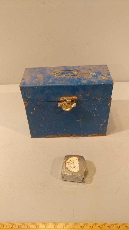 METAL STORAGE BOX & A TAPE MEASURE