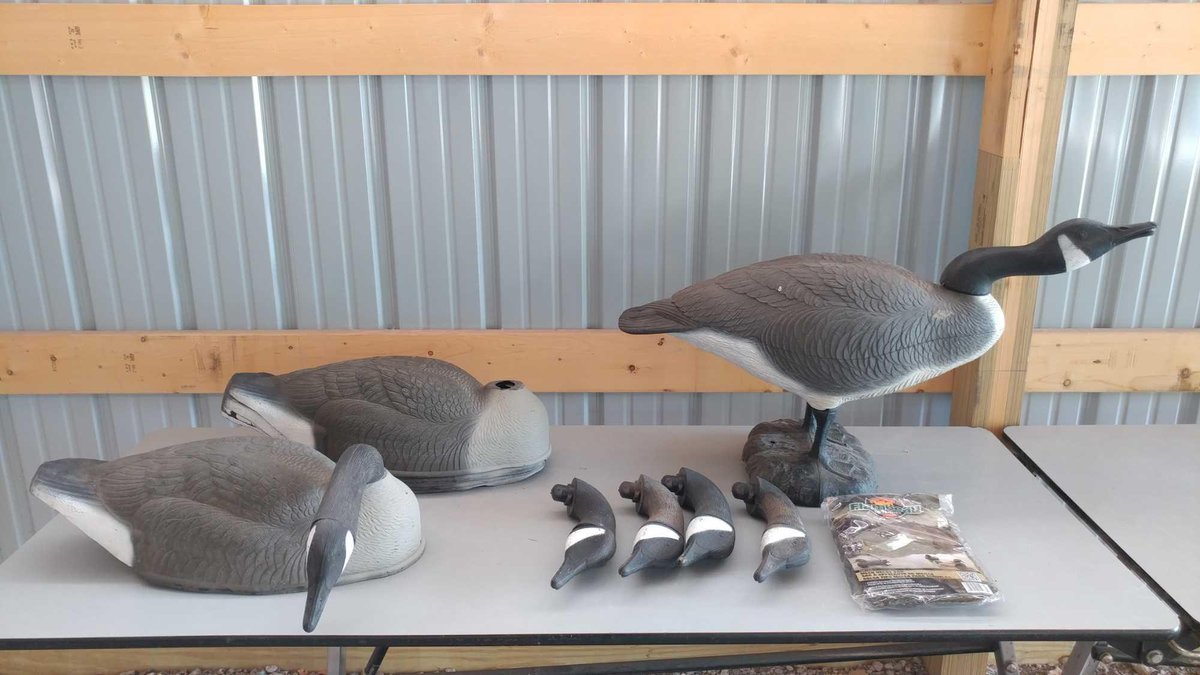 (I-9) (5) FLAMBEAU GOOSE DECOYS, FLAMBEAU DECOY BAG, AND A STANDING GOOSE DECOY