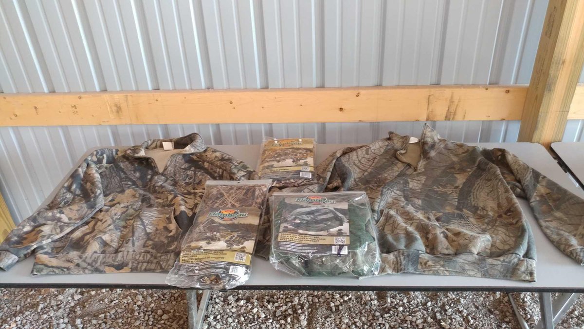 (I-38) FLAMBEAU ELBOW LENGTH DECOY GLOVES, DECOY BAG, CHEST PACK, AND (2) CAMOUFLAGE SWEATERS (LARGE
