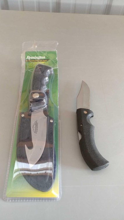 (I-40) GERBER FOLDING POCKET KNIFE AND A REMINGTON NON-SLIP GUTHOOK KNIFE WITH SHEATH