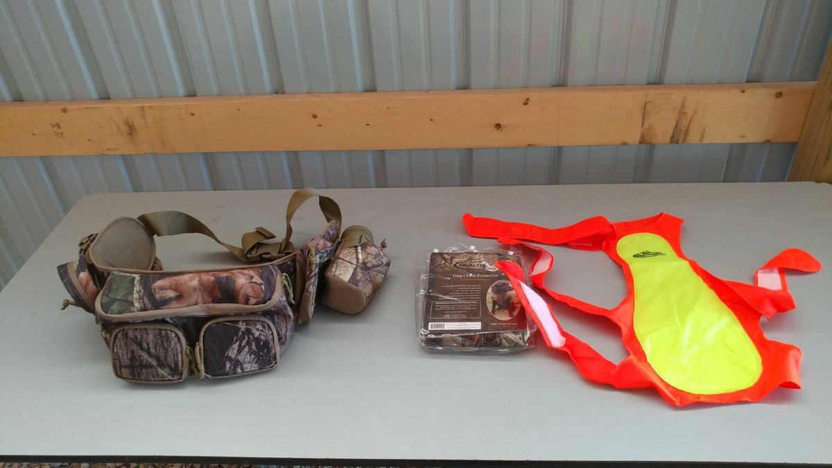 (I-68) DOG CHEST PROTECTOR, FLUORESCENT DOG CHEST WEAR, AND A CAMOUFLAGE HUNTING BELT