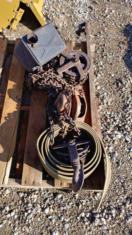 (I-176) (2) CHAIN HOISTS, BELTING, PTO SHAFT, AND MISC