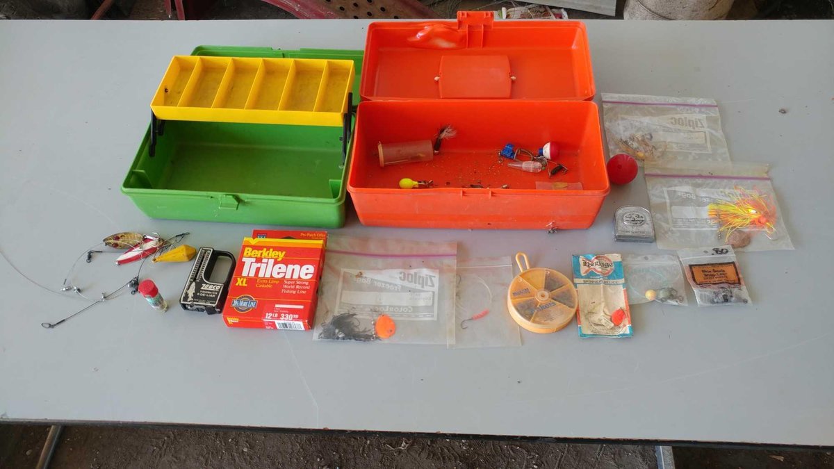 (2) SMALL PLASTIC TACKLE BOXES WITH ASSORTMENT OF TACKLE