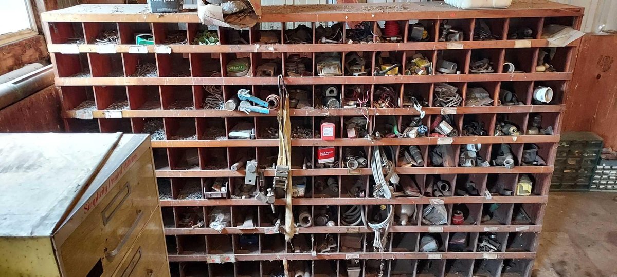 LARGE WOODEN BOLT BIN/STORAGE BIN W/LARGE ASSORTMENT OF HARDWARE & FITTINGS
