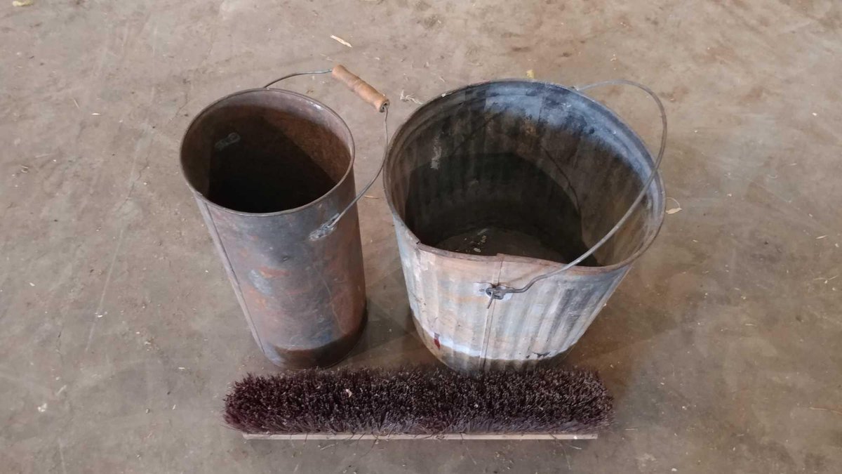 METAL GARBAGE CAN, OTHER METAL CAN, AND A PUSH BROOM HEAD