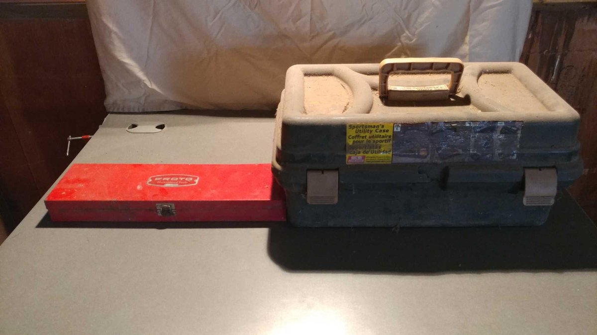 PLASTIC SPORTSMAN'S UTILITY BOX AND A SMALL RED METAL TOOLBOX