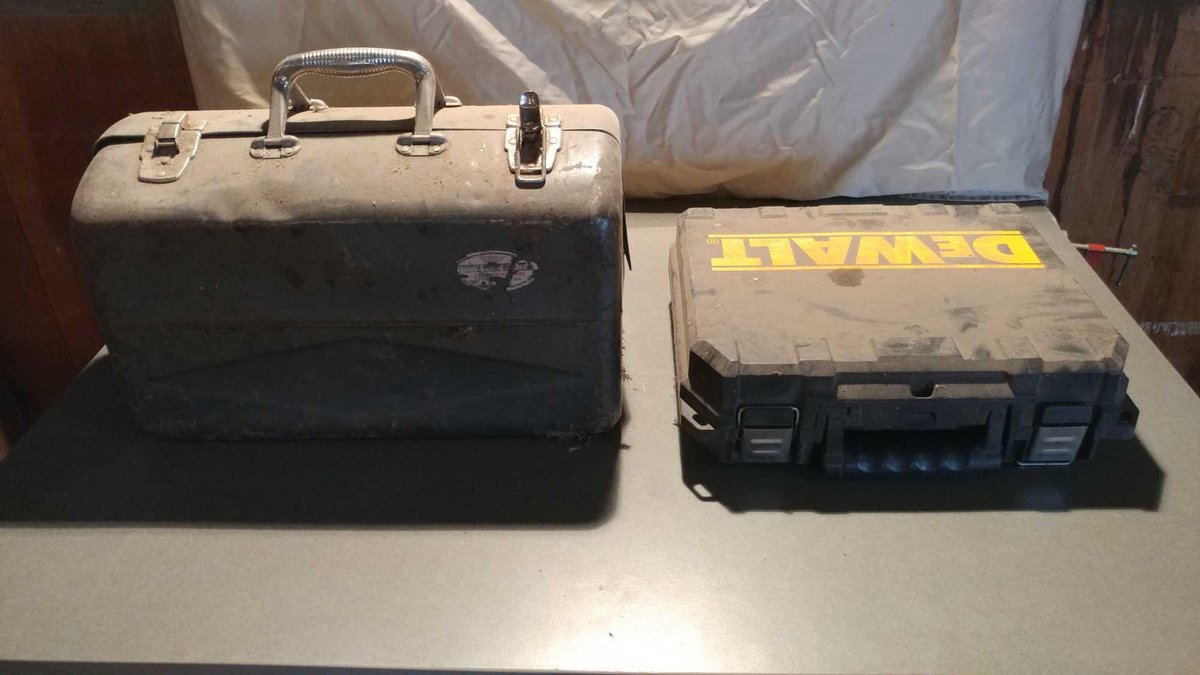 VINTAGE METAL FOLDING TOOL BOX AND A DEWALT TOOL CASE
