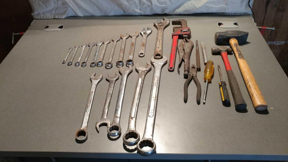 ASSORTMENT OF WRENCHES, CRESCENT WRENCHES, PLIERS, HAMMERS, AND OTHER TOOLS