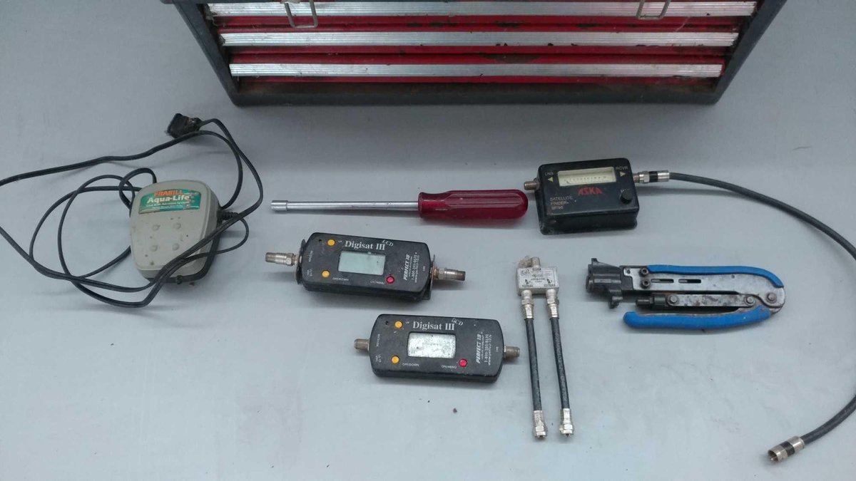 (I-42) TOOLBOX WITH ASSORTMENT OF COAX CABLE PARTS AND OTHER ITEMS