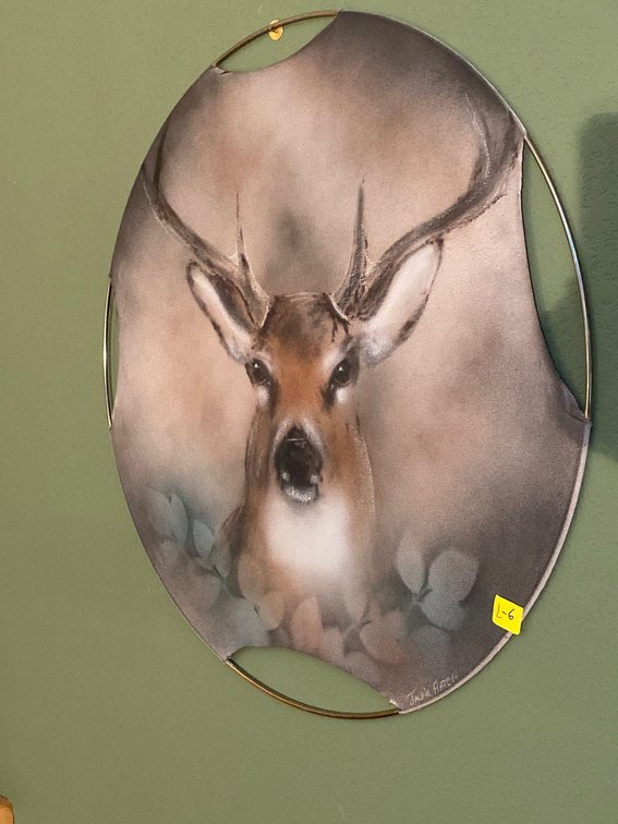  (A1-BIRCH) (2) CIRCLE 27"  WALL HANGING FABRIC STRETCHED CANVAS  ONE OF DEER  AND ONE OF ELK 