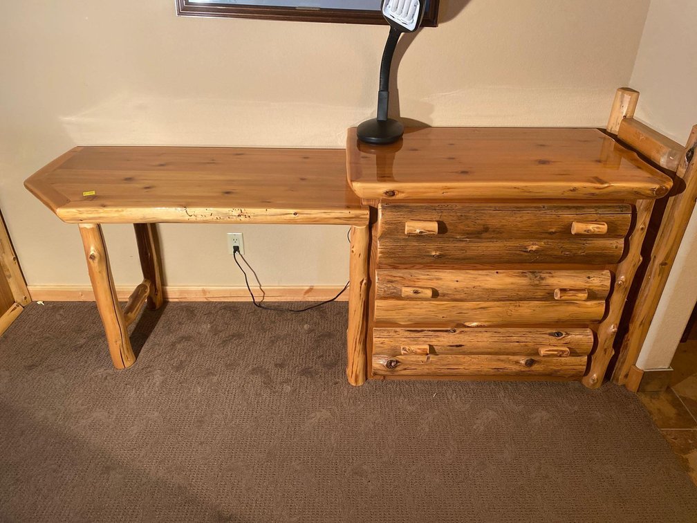 (A1-BIRCH) RUSTIC PINE DESK 7' W X 23" D X 34" W/ READING LAMP & CHAIR