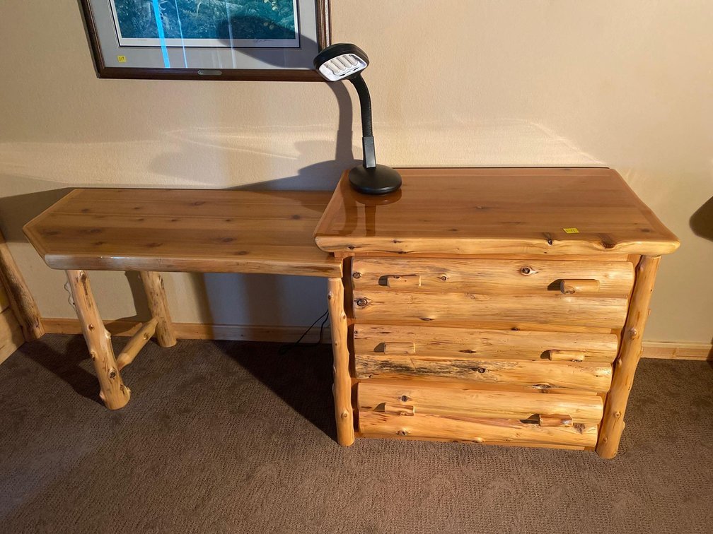 (A1-BIRCH) RUSTIC PINE DESK 7' W X 23" D X 34" W/ READING LAMP & CHAIR