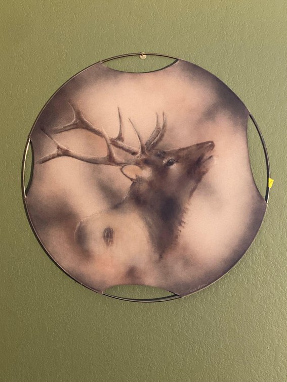 (A1-NORWAY) (2) CIRCLE 27"  WALL HANGING FABRIC STRETCHED CANVAS  ONE OF DEER  AND ONE OF ELK