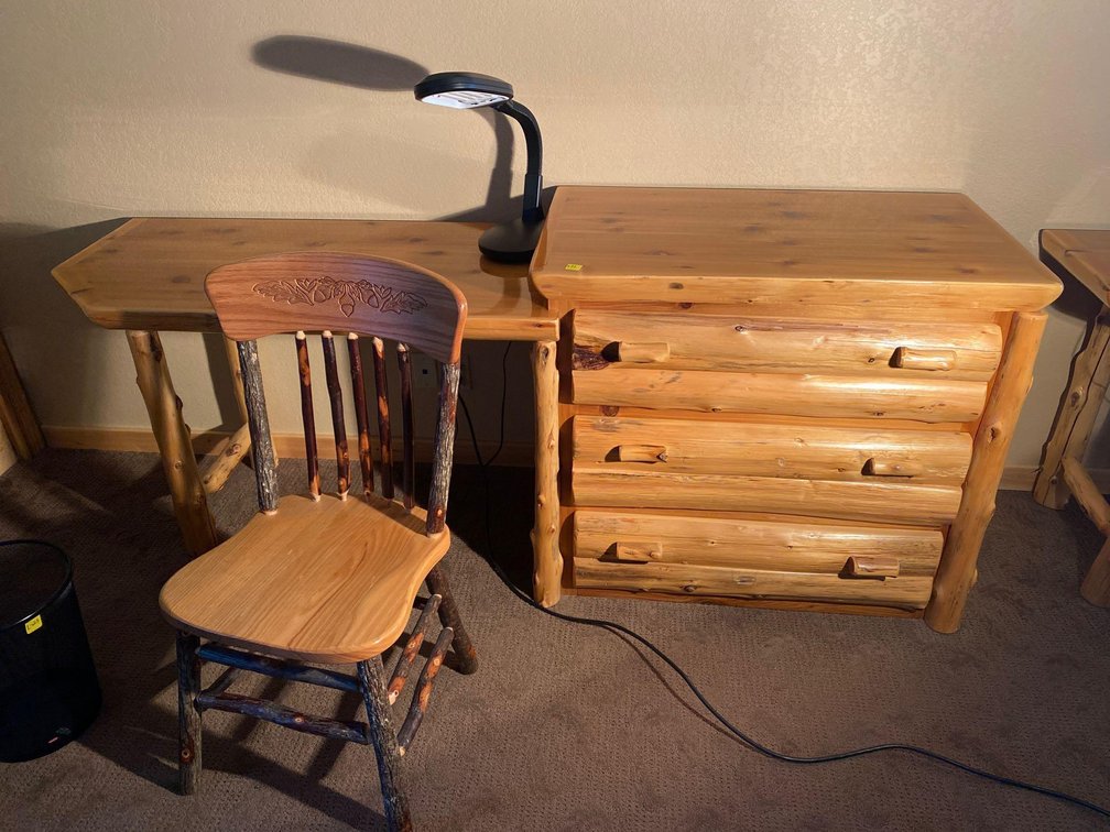 (A1-NORWAY) RUSTIC PINE DESK 7' W X 23" D X 34" W/ READING LAMP & CHAIR