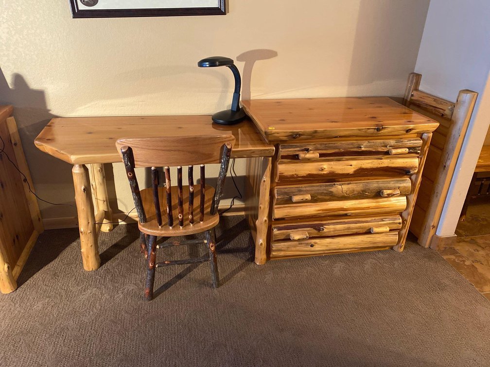 (A1-NORWAY) RUSTIC PINE DESK 7' W X 23" D X 34" W/ READING LAMP & CHAIR