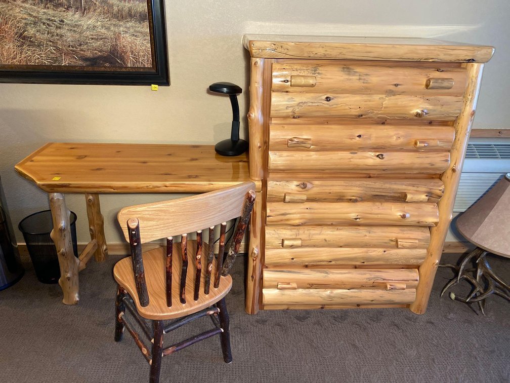 (A1-SPRUCE) RUSTIC PINE DESK 7' W X 23" D X 54" T W/ READING LAMP & CHAIR