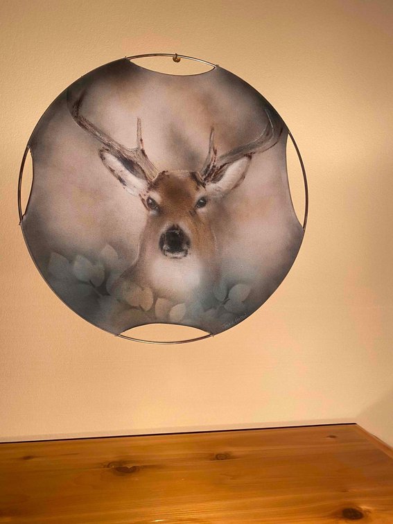  (A1-TAMARACK) CIRCLE 27" WALL HANGING FABRIC STRETCHED CANVAS OF A DEER