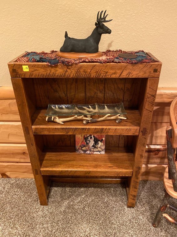  (A1-MANAGER) BOOKSHELF 46"T X30" WX10"D W/ ELK DECORATION AND ANTLER SERVING TRAY