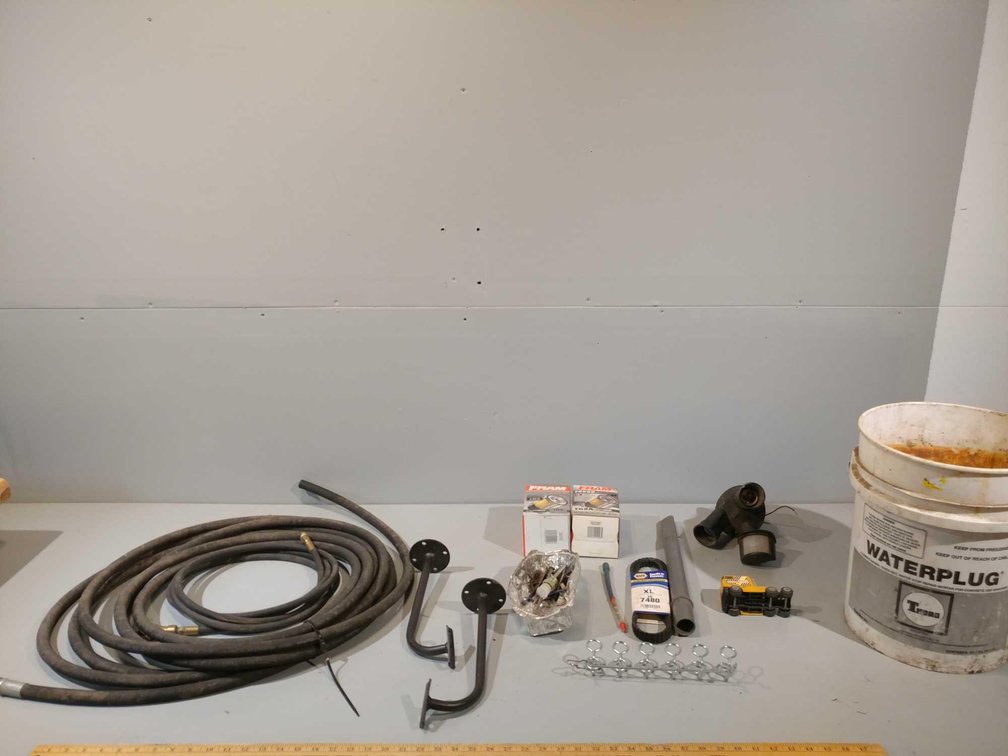 (2) FRAM ENGINE OIL FILTERS, BELTS, AND ASSORTMENT OF MISC HOSES