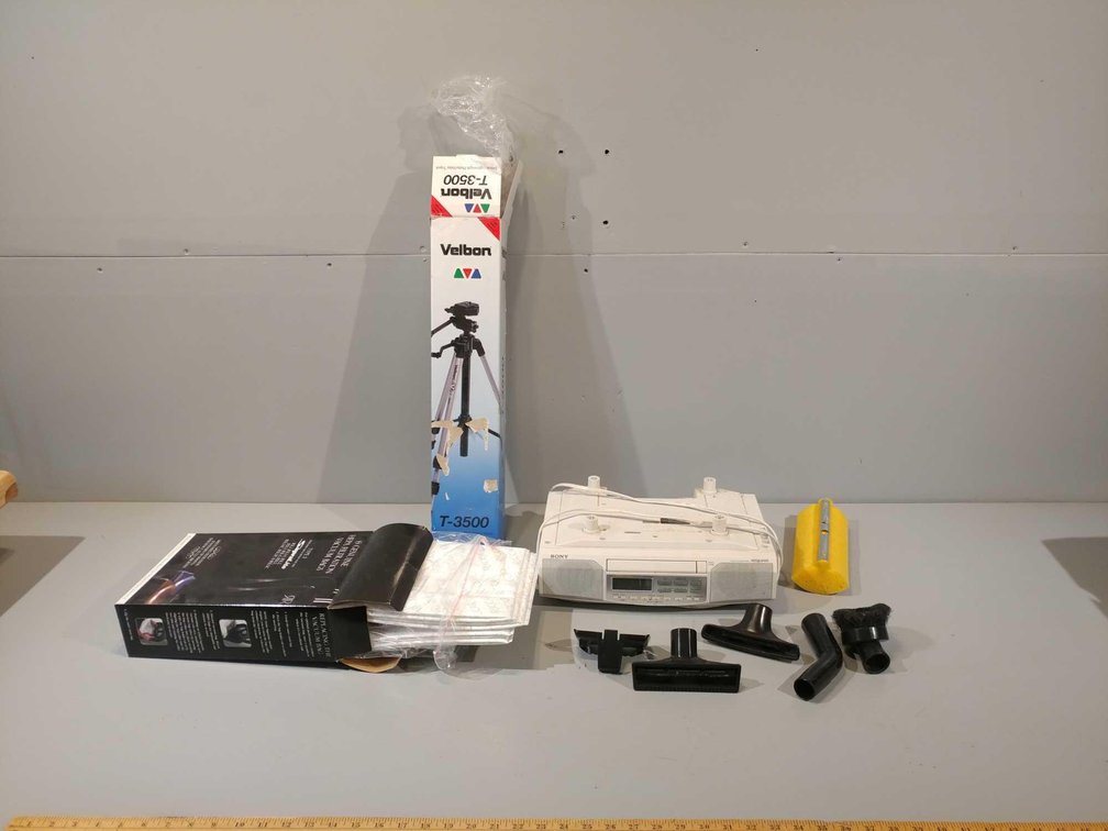 ASSORTMENT OF VACUUM BAGS, VACUUM ATTACHMENTS, VELBON PHOTO/VIDEO TRIPOD, UNDER MOUNT RADIO (UNKNOWN