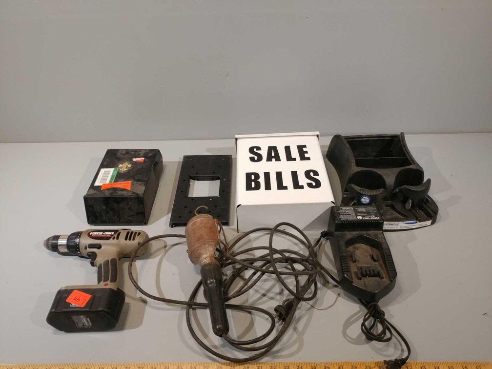 (2) METAL MAILBOXES, VEHICLE CUP HOLDER, POWER DRILL, AND OTHER ITEMS