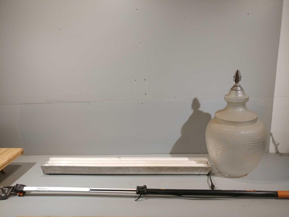 PULL HANDLE LIMB LOPPER, FLUORESCENT LIGHT BALLAST, AND A LARGE GLASS GLOBE