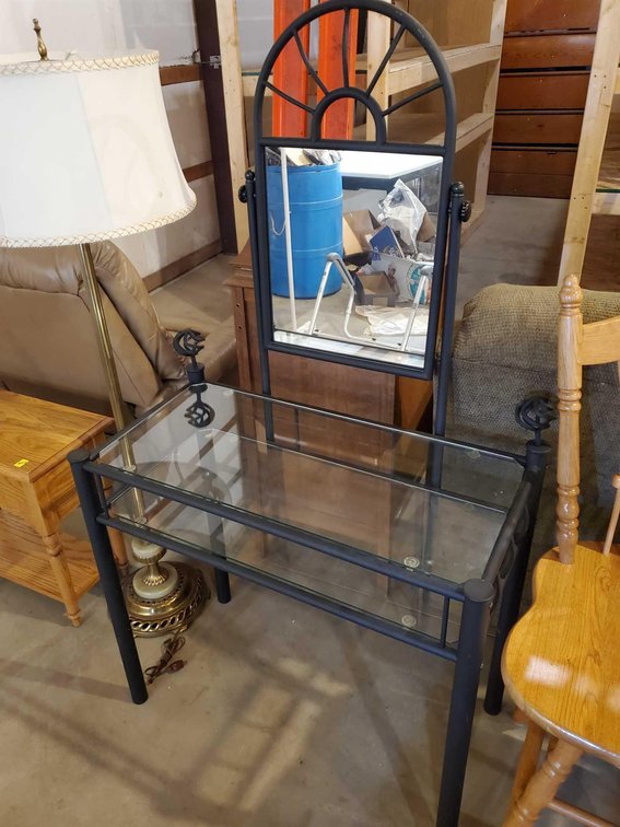 GLASS TOP VANITY DESK W/MIRROR (32"W X 58"H X 16"D)