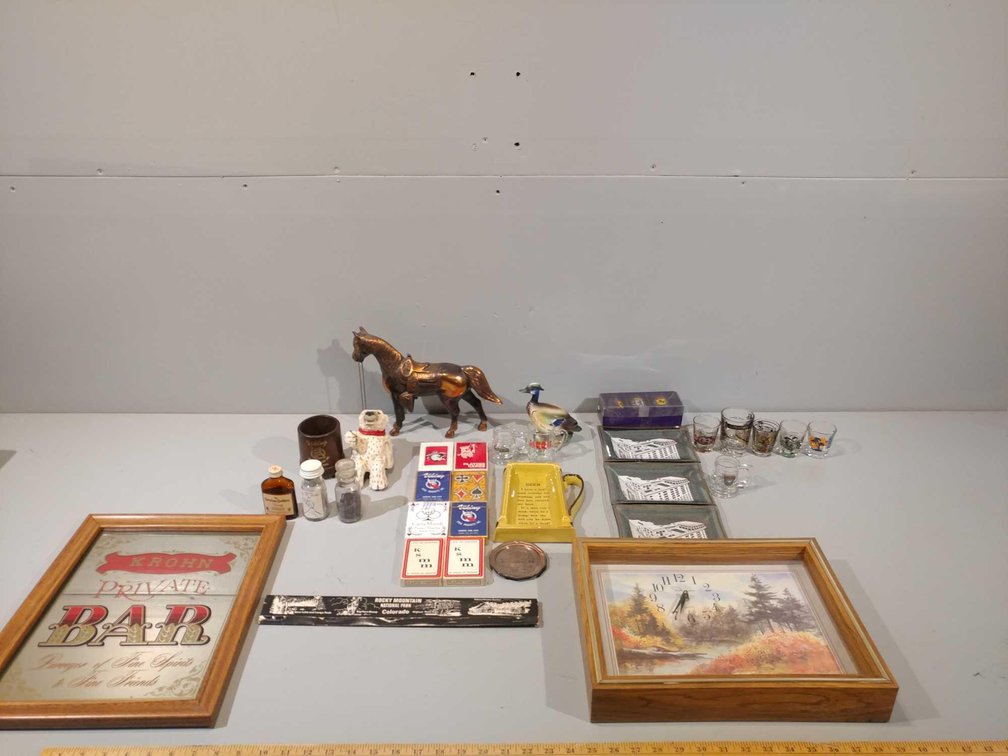 ASSORTMENT OF DECORATIVE SHOTGLASSES, PLAYING CARDS, FIGURINES, AND OTHER ITEMS