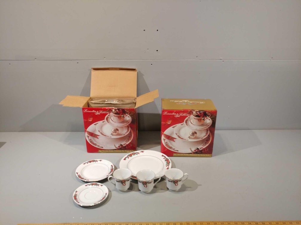 (2) 16 PIECE POINSETTIA & RIBBONS PORCELAIN DINNERWARE SETS
