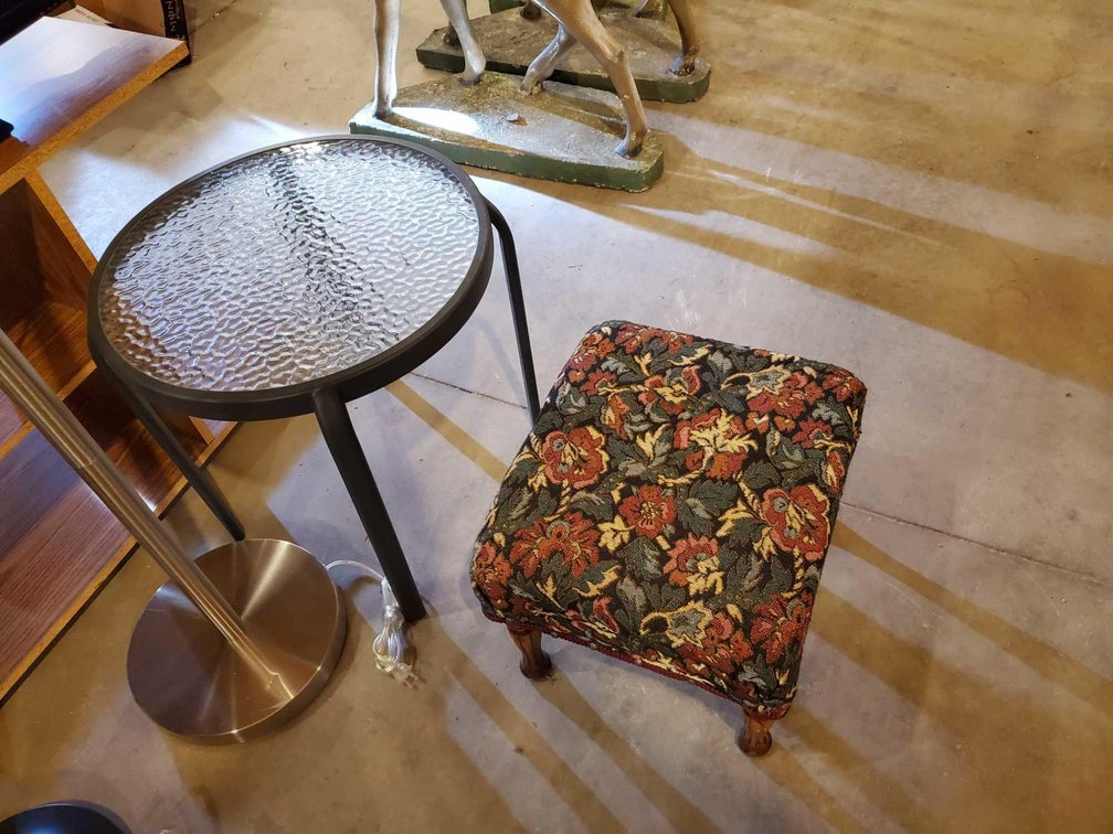 FLORAL FABRIC FOOT STOOL AND PATIO END TABLE