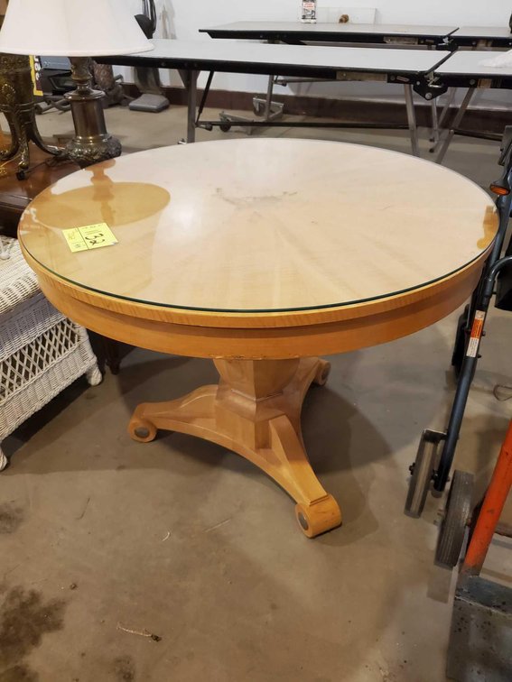 WOODEN LOW ROUND TABLE W/GLASS TOP (36"W X 27"H)