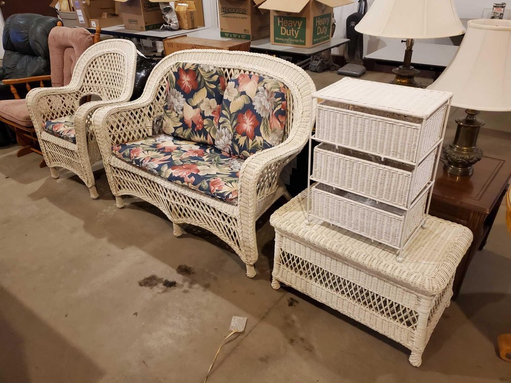 WICKER FURNITURE SET, LOVE SEAT - CHAIR - TABLE - STORAGE DRAWERS