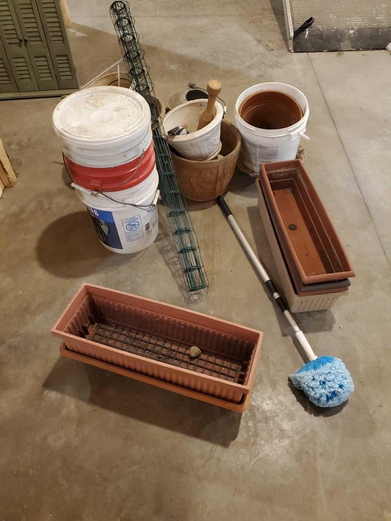 LARGE ASSORTMENT OF PLANTER POTS, WINDOW BOX PLANTERS, BIRD BATH, AND MISC