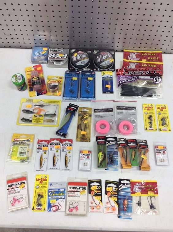 ASSORTMENT OF FISHING LINE, CRANK BAITS, JIGS, PLASTICS