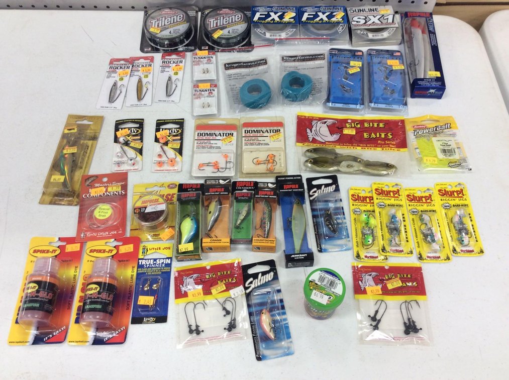 ASSORTMENT OF CRANK BAITS, LINE, JIGS, HOOKS, PLASTICS, & MORE