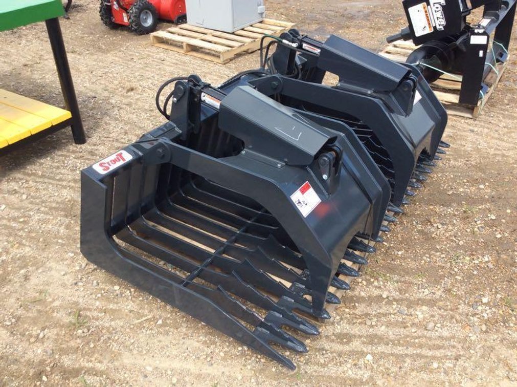 UNUSED STOUT ROCK BUCKET/BRUSH GRAPPLE COMBO HD72-3 OPEN-END W/ SKID STEER QUICK ATTACH​​​​​ (ITEM A