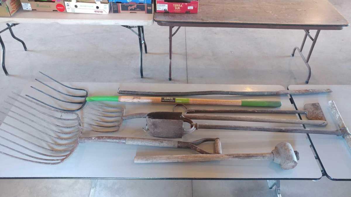 (3) PITCH FORKS, SLEDGE HAMMER, POST HOLE DIGGER, SCRAPPER, AND PRYBAR