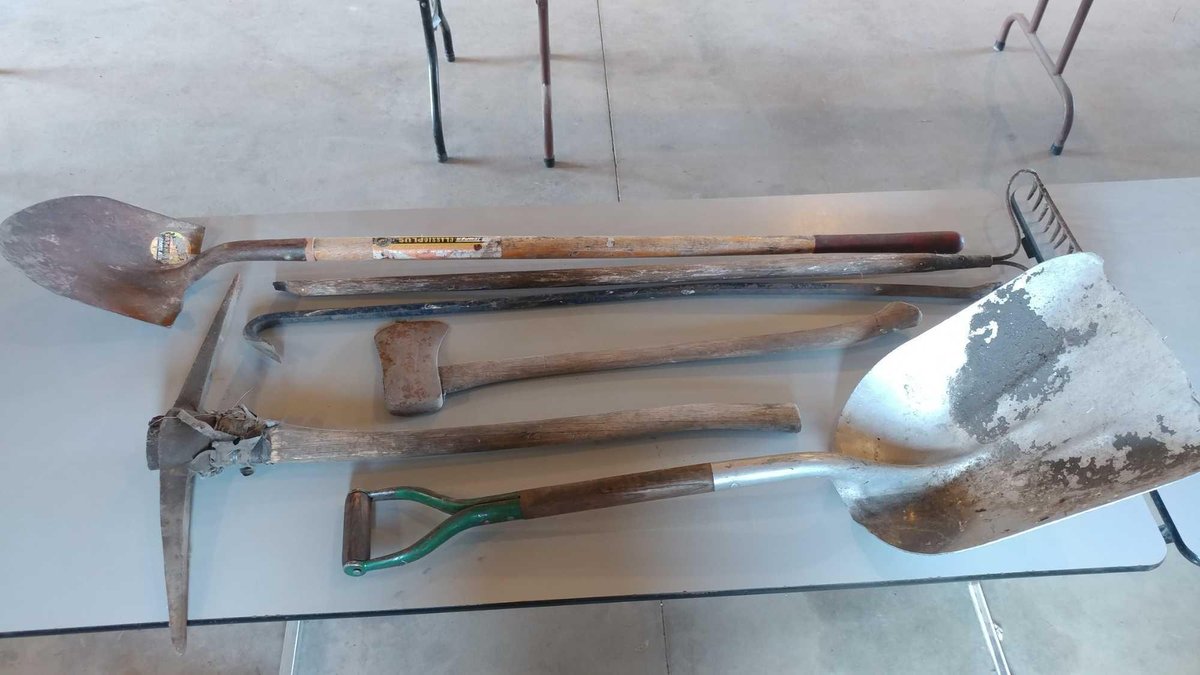 SCOOP SHOVEL, RAKE, AX, PICK AX, SPADE SHOVEL, AND PRY BAR