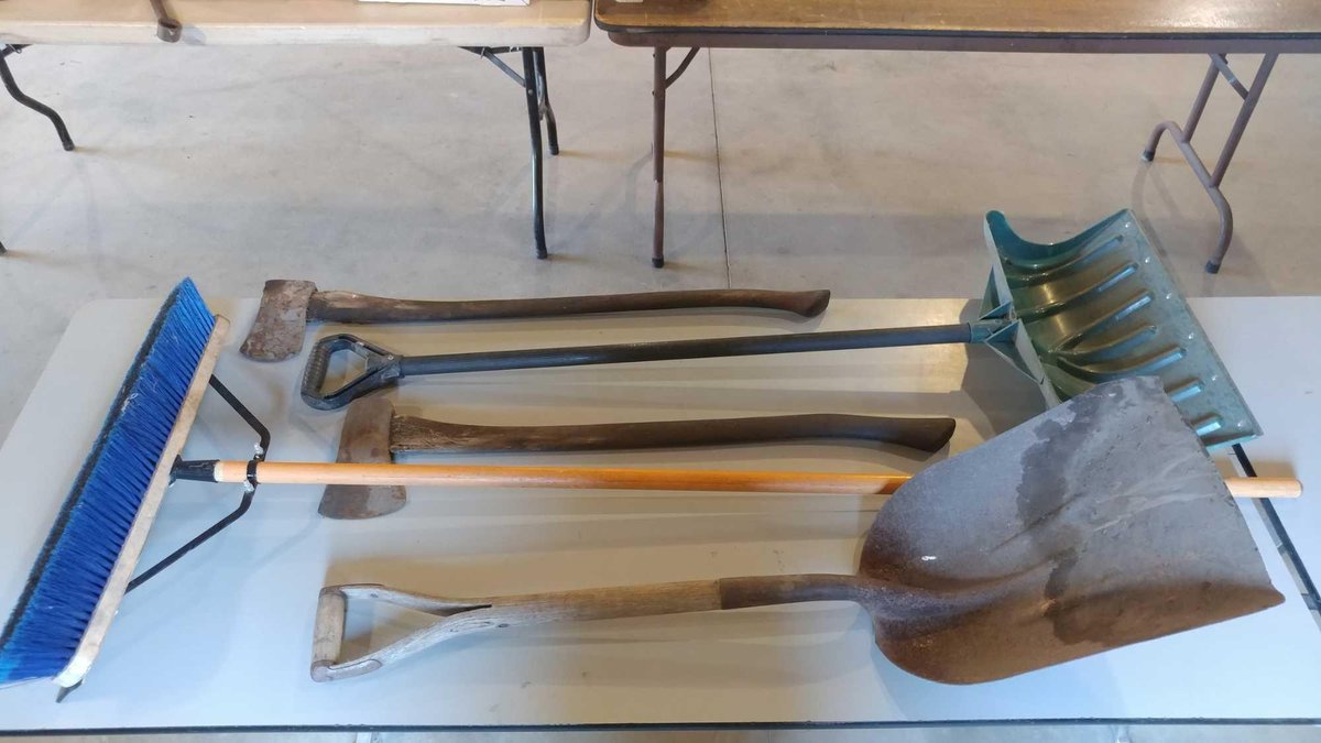 PUSH BROOM, SCOOP SHOVEL, (2) AXES, AND SNOW SHOVEL