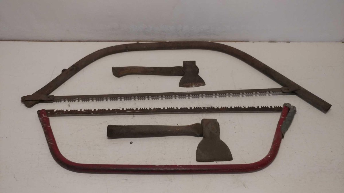 (2) LARGE BOW SAWS AND (2) SMALL HATCHETS 