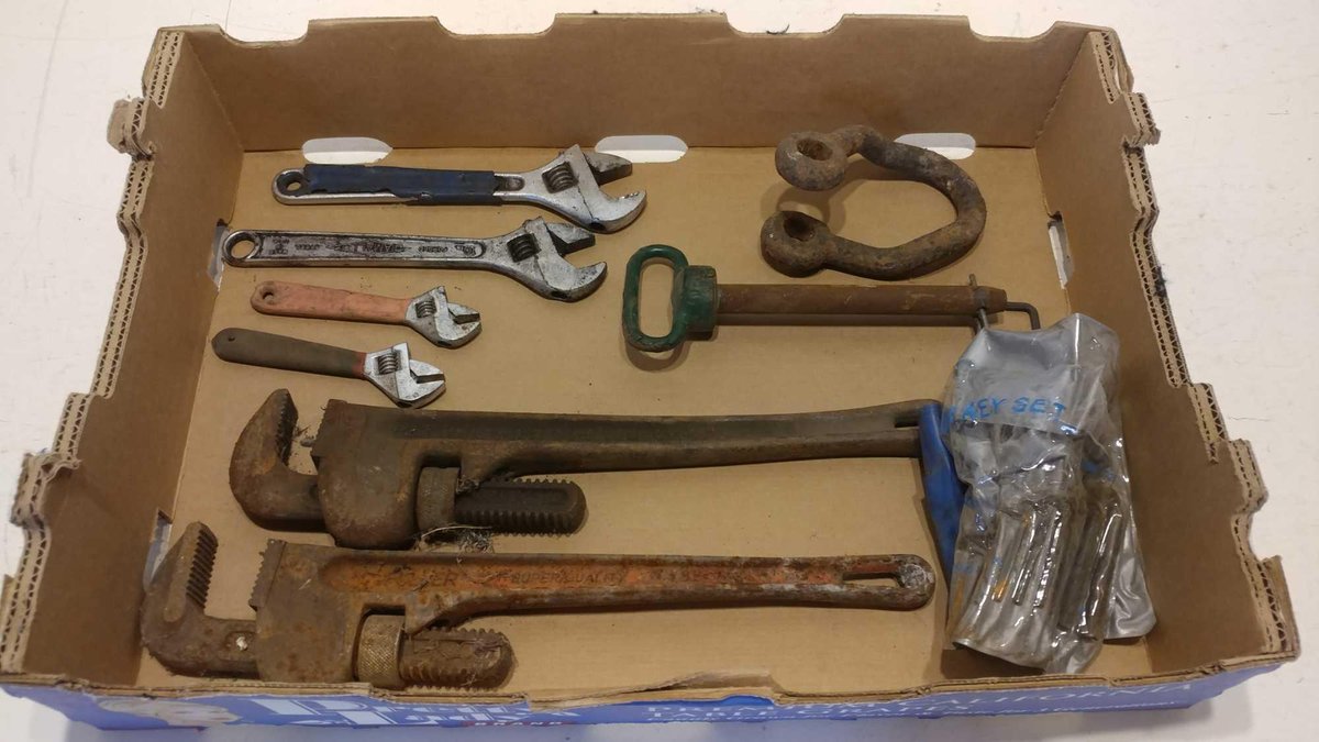 (2) PIPE WRENCHES, (4) CRESCENT WRENCHES, HITCH PIN & CLEVIS, AND ASSORTMENT OF ALLEN WRENCHES