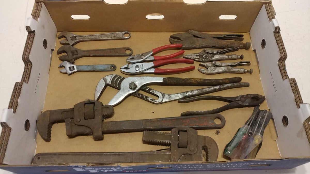 (2) PIPE WRENCHES, (3) CRESCENT WRENCHES, (2) PLIERS, (3) VISE GRIPS, CHANNEL LOCK, AND SMALL SCREWD