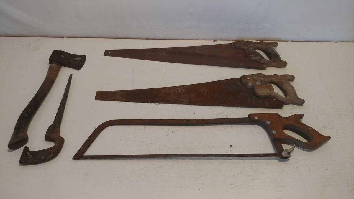 (3) WOOD SAWS, HACKSAW, AND HATCHET