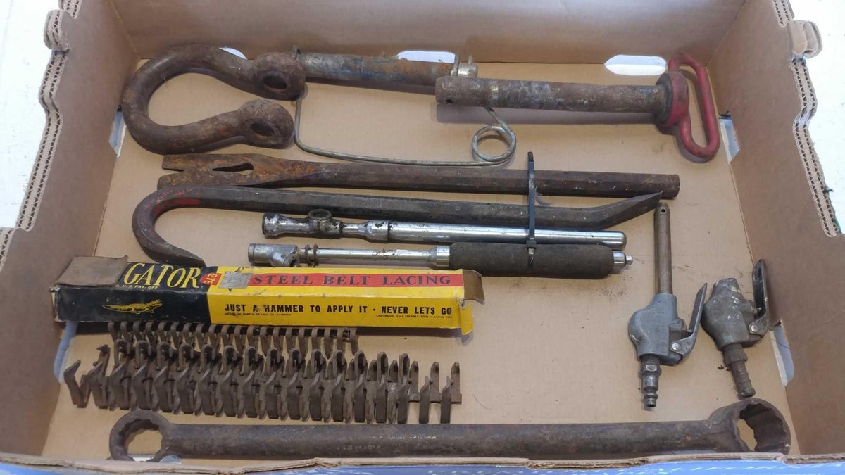 HITCH PINS, CLEVIS, PRY BARS, TIRE GAUGES, STEEL BELT LACING, AND MISC