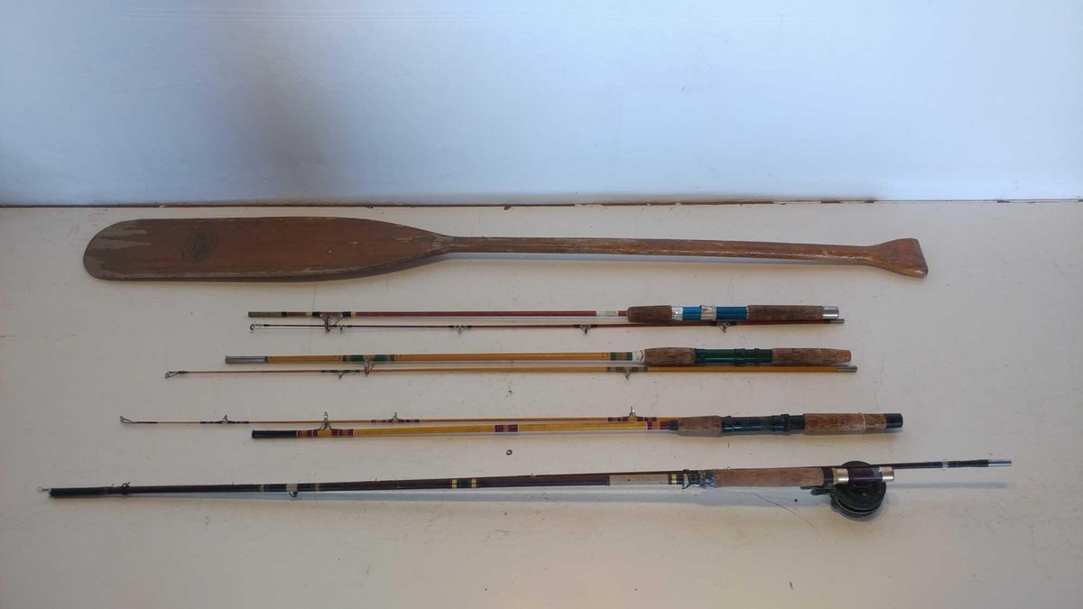 (3) FISHING RODS, ROD & REEL, AND BOAT OAR (ITEM AT ZIELSDORF AUCTIONS)